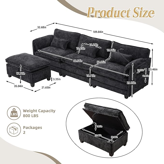 KEIKI 110" L-Shaped Boucle Modular Sectional Chenille Sofa with 1 Ottoman & Memory Foam Cushion & Phone Holder & USB, Upholstered Modern Oversized 4-Seater Couch, Easy Assembly, for Living Room, Black