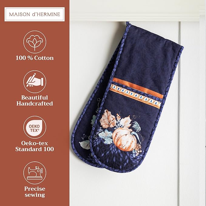 Maison d' Hermine Double Oven Mitt (7" x 35") 100% Cotton Heat Resistant BBQ Cooking Gloves with Loop for Thanksgiving Christmas Decorations Baking Cooking Barbeque Handling Hot Pan (Pumpkin Blues)