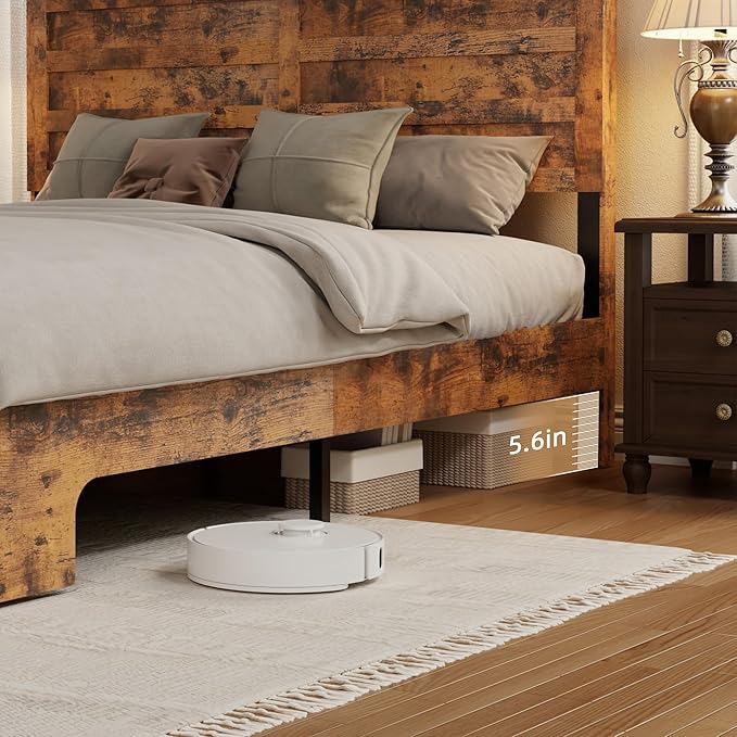 Wooden Bed Frame Queen Size with Headboard & Sliding Barn Door Storage Footboard, Farmhouse Platform Bedframe with Charging Station, No Box Spring Needed, Brown
