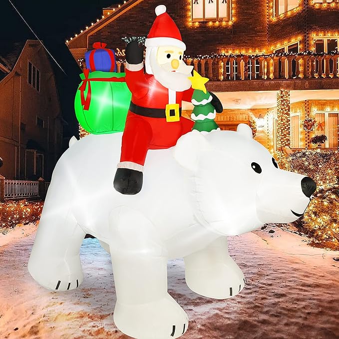 SAND MINE 6 Foot Tall Christmas Inflatable Santa Claus on Polar Bear, LED Lights Outdoor Indoor Holiday Decorations, Christmas Blow up Lawn Inflatables for Christmas Home Yard Decoration