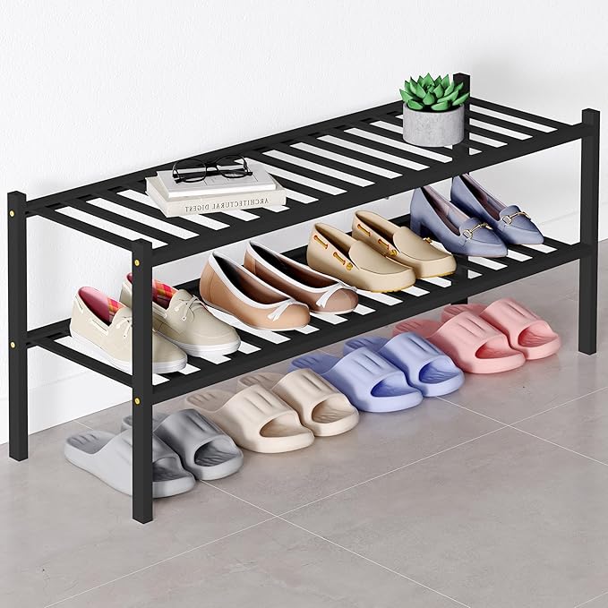 Smiry Bamboo Shoe Rack for Closet, 2 Tier Long Wooden Stackable Shoe Organizer, Free Standing Shoes Storage Shelf for Entryway, Front Door Entrance, Black