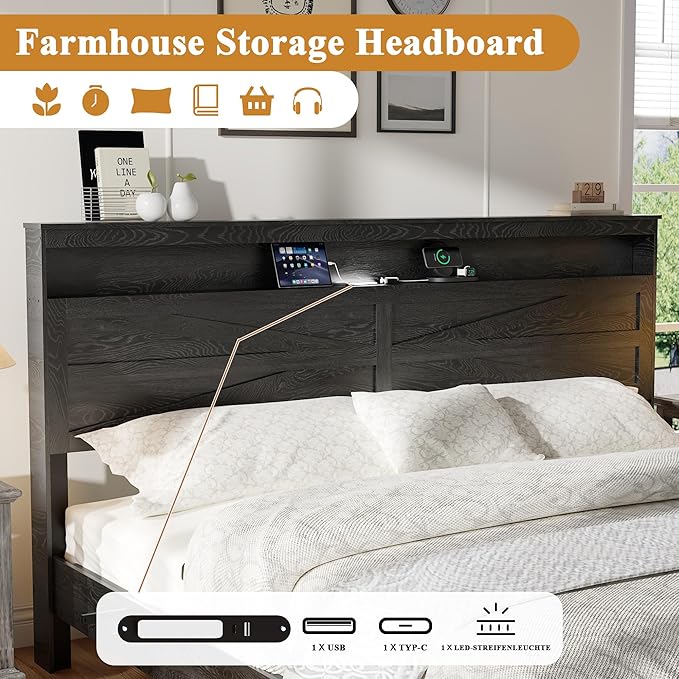 Farmhouse Wooden Bed Frame King Size with Storage Headboard, Boho Platform Bedframe with LED Lights and Charging Station, Metal Slats Support, No Box Spring Needed, Black