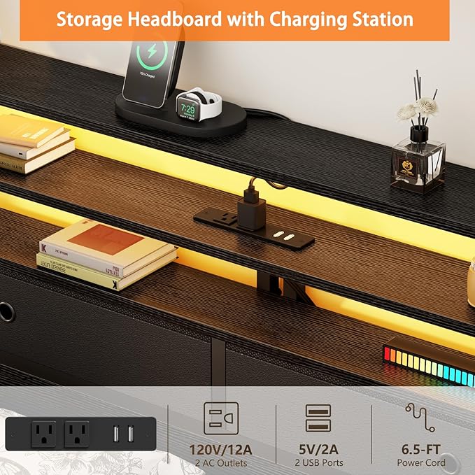 Furnulem Queen Bed Frame with Headboard & 2 Fabric Drawers, Bed Frame Queen Size Featuring LED Lights, Built-in Charging Station & Storage Shelves, Metal Slats, No Box Spring Needed – Black Oak