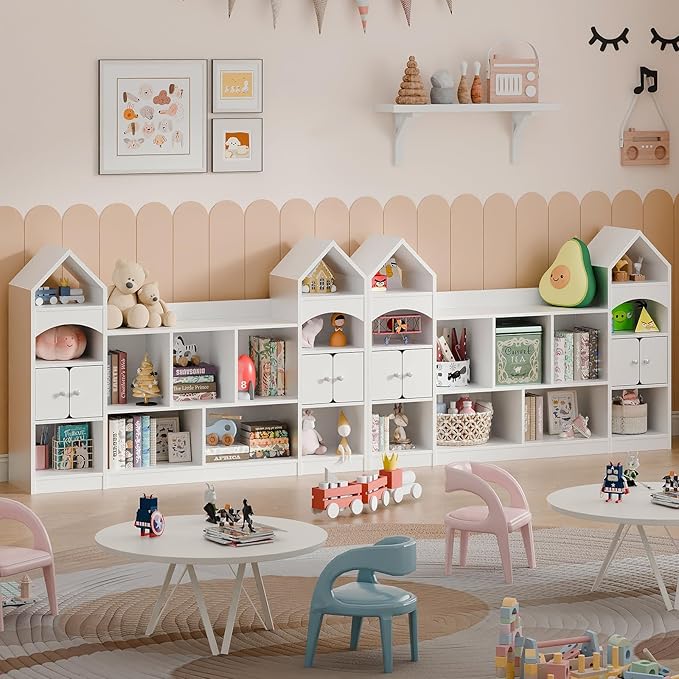 Vabches Castle Shape Children's Bookshelf, Kids Bookcase Display Case Kids Toy Storage Organizer Multifunctional Storage Cabinet Bookshelf Suitable for Playroom, Children's Room, Living Room, White