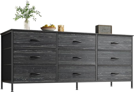 Huuger Long Dresser for Bedroom, 55 Inch TV Stand for 55, 60 Inch TV, Entertainment Center with Drawers, Large Storage, 9 Fabric Drawers Dresser for Closet, Charcoal Black Wood Grain Print
