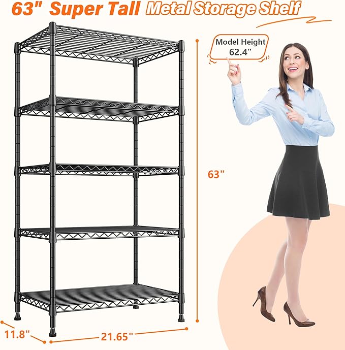 REIBII Metal Shelving 5 Tier Wire Sturdy Storage Shelves Adjustable Steel Organizer Wire Rack for Kitchen Laundry Room Commercial School Storage Room Black 63“Hx 21.65“L x 11.8”D