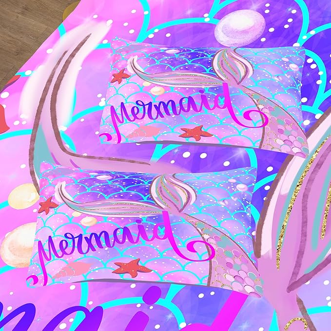 Tailor Shop Mermaid Comforter Sets Twin Bedding Sets for Girls Kids Teens Girls Purple Comforter with 1 Pillowcase…
