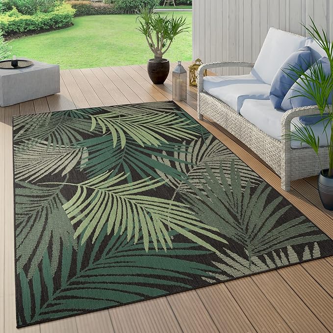 Indoor & Outdoor Rug Flat-Weave Jungle Floral Palm Trees Design Black Green, Size: 6'7" x 9'6"