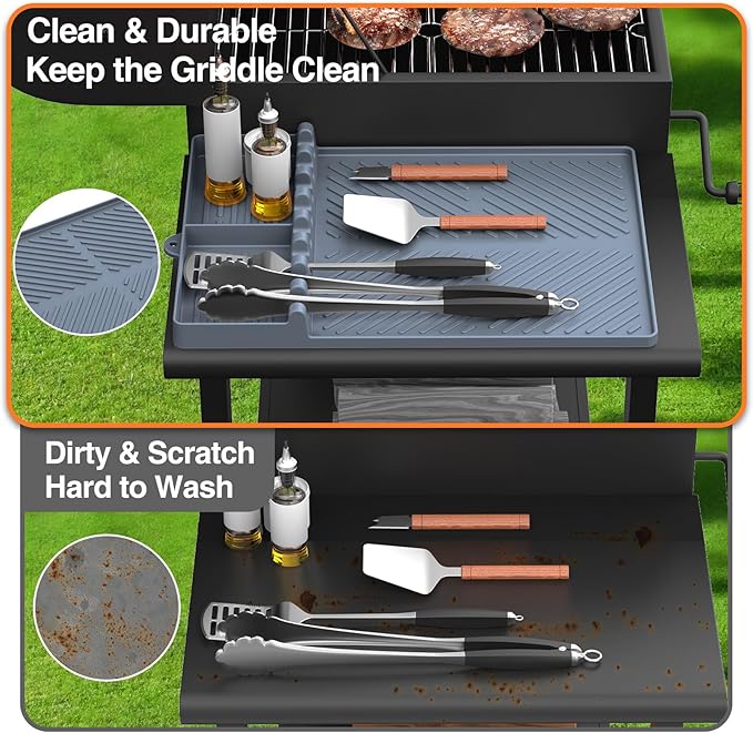 Silicone Griddle Tools Mat for Blackstone, Griddle Accessories Side Shelf Mat Grill Pad for Outdoor Grill Kitchen Counter Spatula Silicone Mat with Drip Pad (Grey (2Packs))