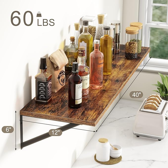 Fun Memories 40 Inch Floating Shelves, 12 Inch Deep Wall Shelf, 40 x 12 Floating Shelf Set of 2, Wood Floating Shelf Wall Mounted, Large Kitchen Living Room Bedroom Storage Shelves, Rustic Brown