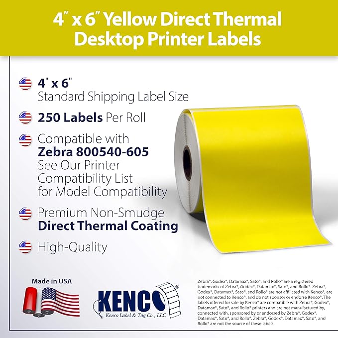 4" X 6" Direct Thermal Perforated Stickers Labels for Shipping Labels, Inventory, and Color Coding - Compatible with Zebra, Rollo, Godex and More (Yellow, 48 Rolls)
