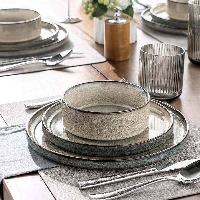 GBHOME Ceramic Dinnerware Sets for 6, 18 Pieces Stoneware Plates and Bowls Sets, Reactive Glaze Stackable Dish Set -Scratch Resistant, Dishwasher&Microwave Safe