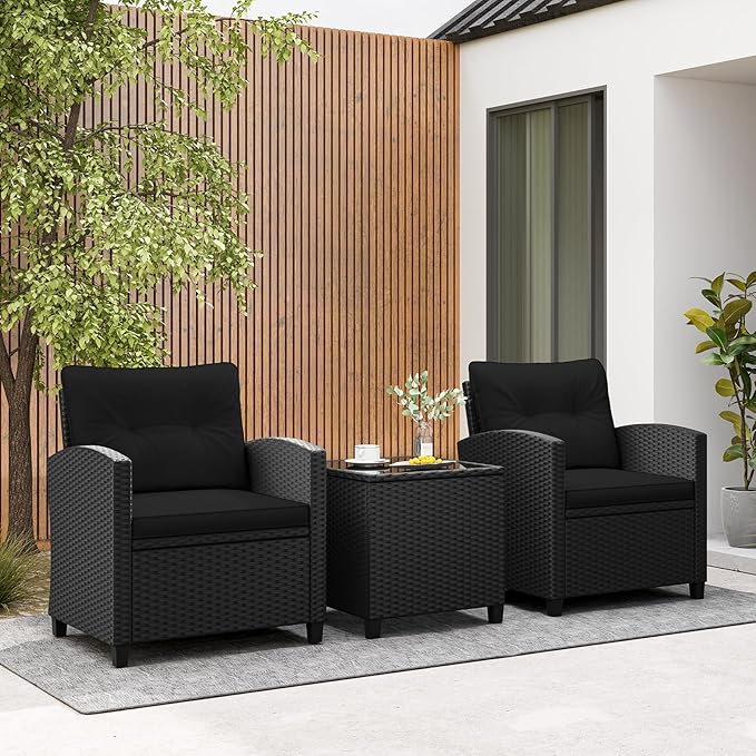 RELAX4LIFE 3-Piece Patio Furniture Set - Wicker Rattan Bistro Sofa Set with Glass Top Coffee Table, Washable Cushions for Porch, Balcony, Backyard, Poolside, Outdoor Conversation Set (Black)