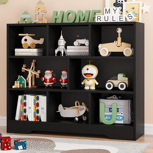 Book Shelf for Kids, 8 Cubes Storage Organizer Montessori Shelf, 3-Tier Wooden Kids Bookcase, Toy Storage Organizer for Children, Black Toddler Bookshelf Cube Shelf for Kid’s Room, Classroom