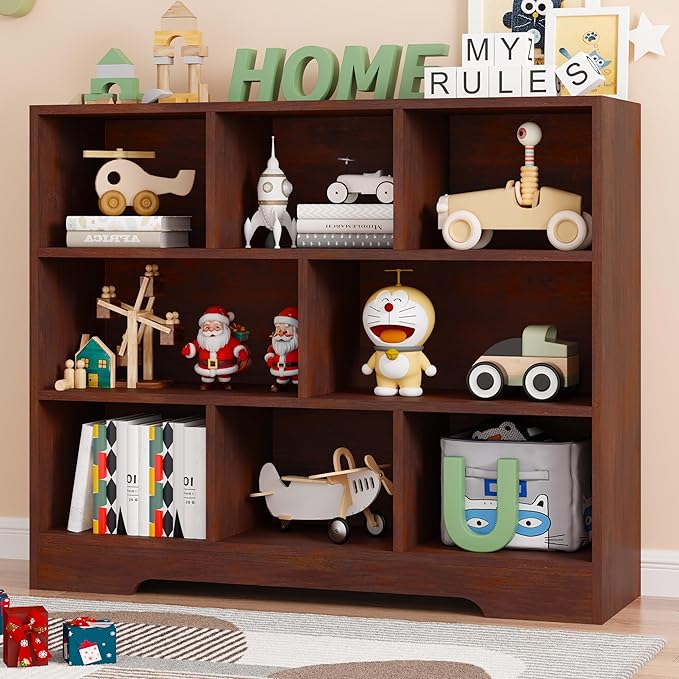 Kids Book Shelf Set of 2, 8 Cubes Storage Organizer Montessori Bookshelf, 3-Tier Wooden Kids Bookcase, Toy Storage Organizer for Children, Cherry Toddler Bookshelf Cube Shelf for Kid’s Room