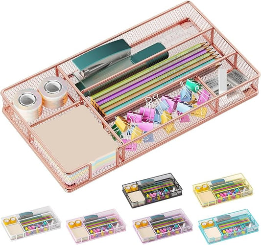Desk Drawer Organizer Tray, Mesh Desk Organizer, Office Drawer Organizer, Desk Accessories & Workspace Organizers, Suitable for Tools, Pencils, Office Supplies Storage (Rose Gold)