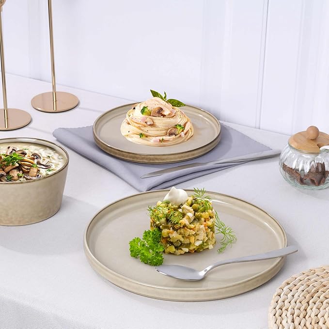 Herogo Stoneware Plates and Bowls Sets for 8, 24 Pieces Modern Dinnerware, Reactive Glaze Dishes Set for Kitchen, Chip Resistant, Microwave & Dishwasher Safe, Cream Khaki