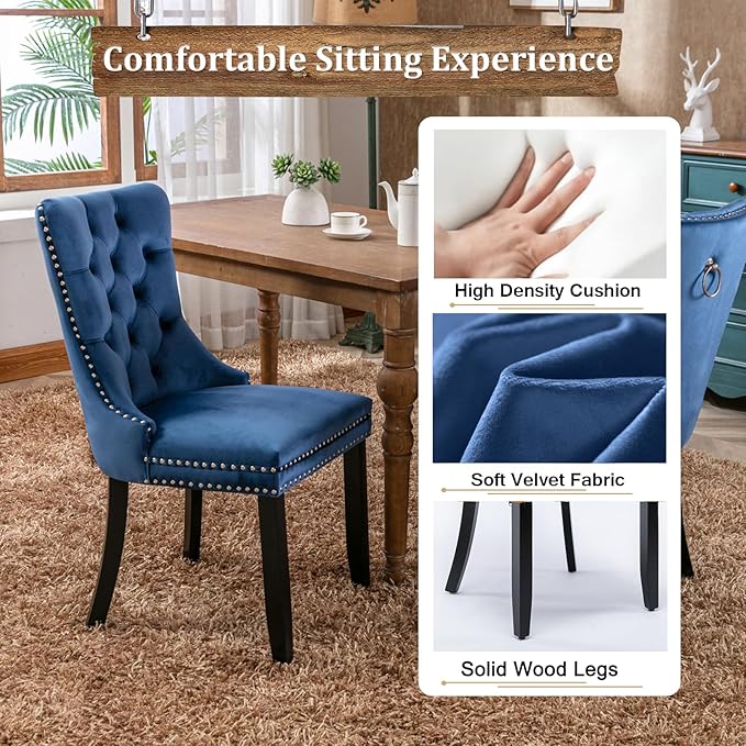 Goujxcy 78.7" Farmhouse Extendable Dining Room Table Set for 8, 9-Piece Rectangle Kitchen Dining Room Table Set with Wood Base and 8 Blue Velvet Dining Chairs, Extending Kitchen & Dining Table Set