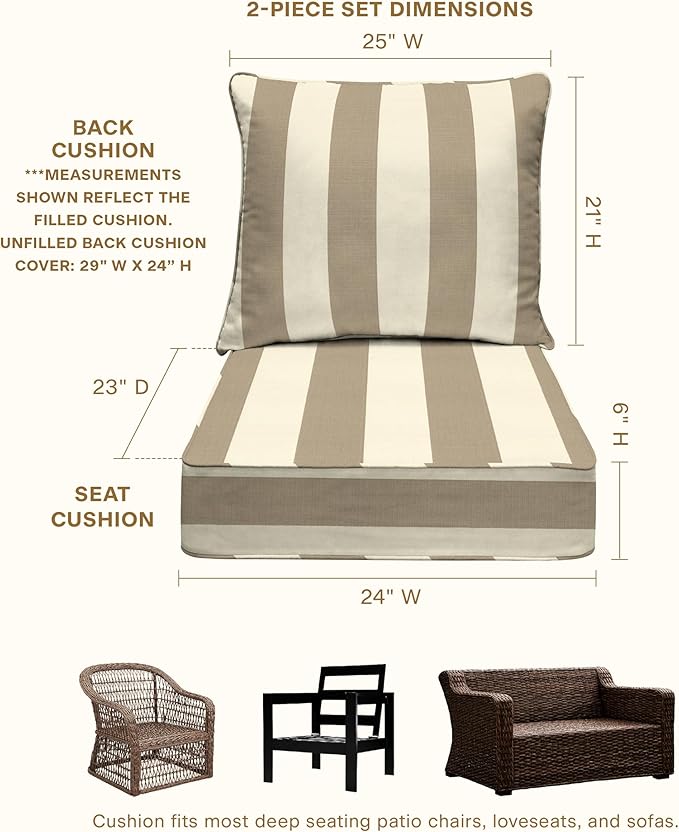 Honeycomb Outdoor Deep Seat, 24 x 23, Cabana Stripe Tan Chair Cushion for Patio Furniture