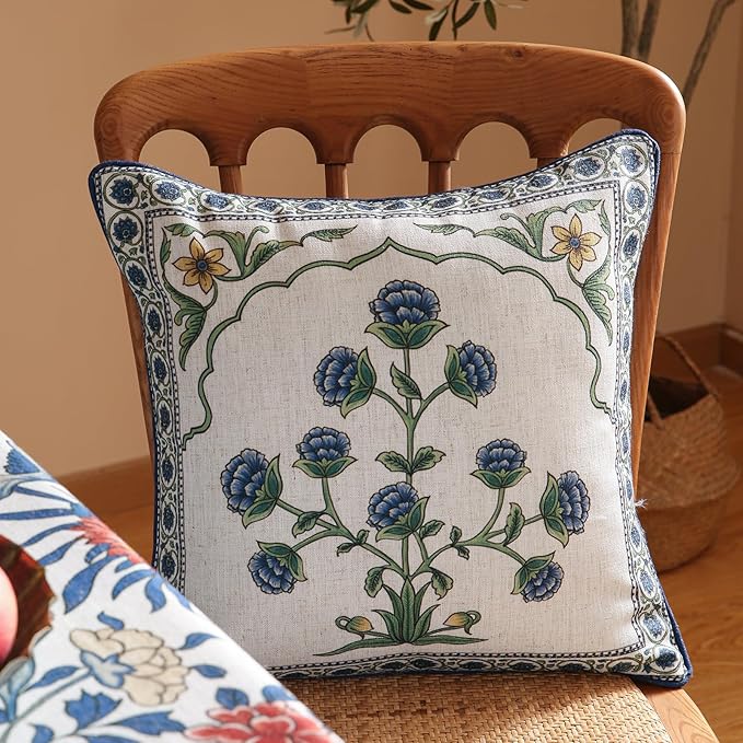 patdrea Designer Throw Pillow Covers Set of 2,Blue Euro Elegant Linen with Blooming Floral Pattern Pillow Cover,Decorative Square Pillowcases Cushion for Bed Living Room Outdoor Car,18"x18"