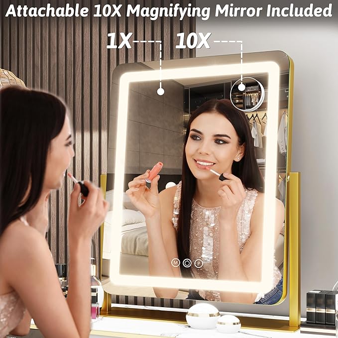 FENNIO Vanity Mirror with Lights 22 Inch- LED Lighted Makeup Mirror,Large Makeup Mirror with Lights,Touch Screen with 3-Color Lighting,Led Mirror Makeup,Dimmable(Gold)