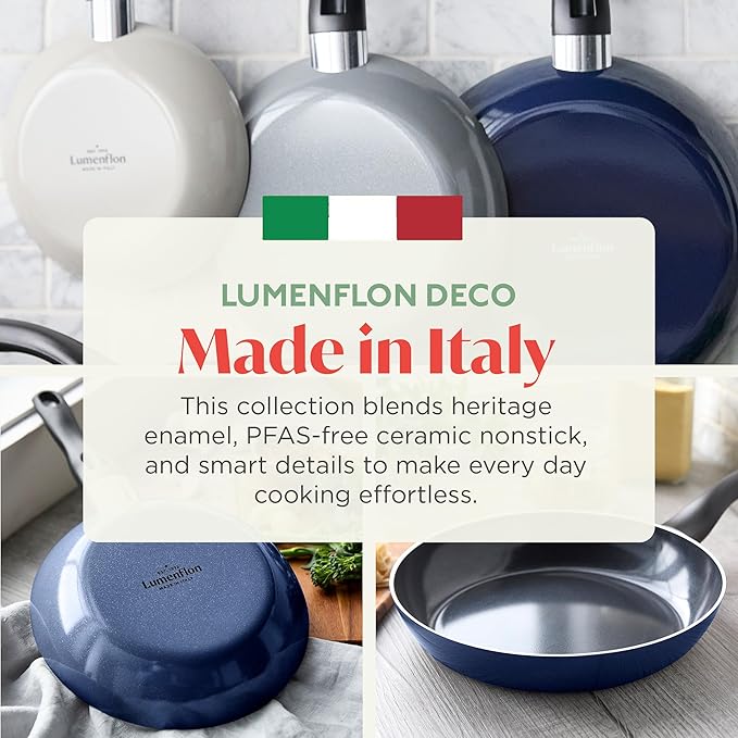 Deco 11” Nonstick Frying Pan Skillet, Made in Italy, Diamond Ceramic PFAS-Free, Dishwasher & Metal Utensil Safe, Durable Gloss Enamel Finish, Stay-Cool Handle, High Walls-Extra Room, Blue