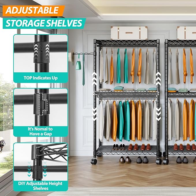 PUNION Rolling Clothes Rack Portable Closet Wardrobe with Wheels and Side Hooks, 2 Hanging Rod, Adjustable Freestanding Heavy Duty Clothing Racks Storage Drying Rack, Black, GR1Plus