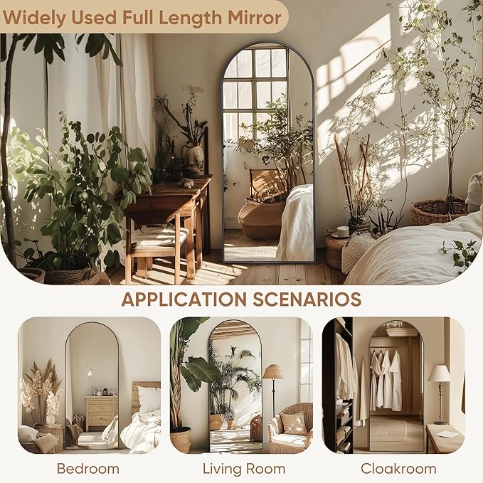 58"x18" Full Length Mirror, Arched Full Body Mirror, Standing Hanging or Leaning Floor Mirror for Bedroom and Living Room, Black