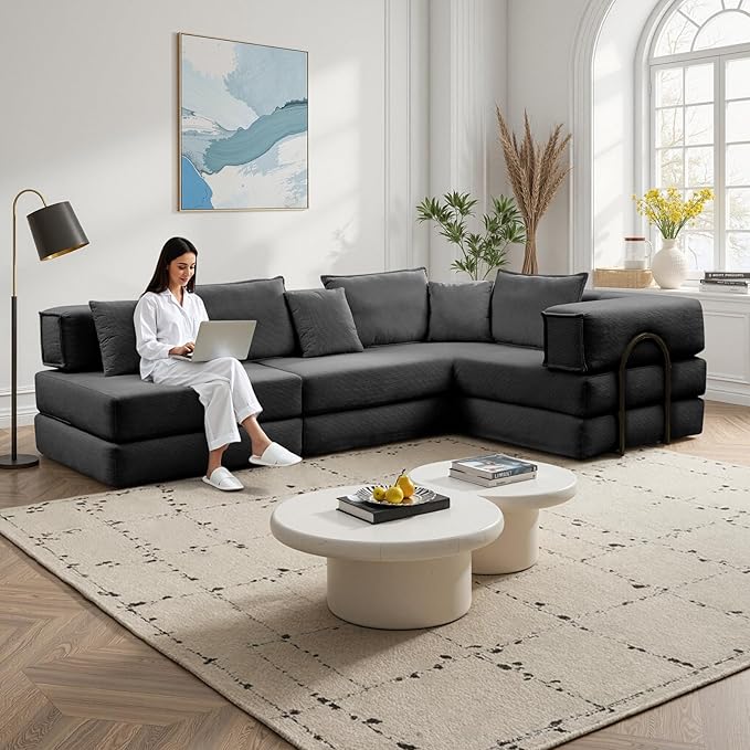 Rovibek 118" 5-in-1 Memory Foam Boneless Sectional Couch, Modular Convertible Sleeper Sofa Bed, Full Size No Assembly Required DIY Combination, Oversized Lazy Sofa with Fixed Frame Black