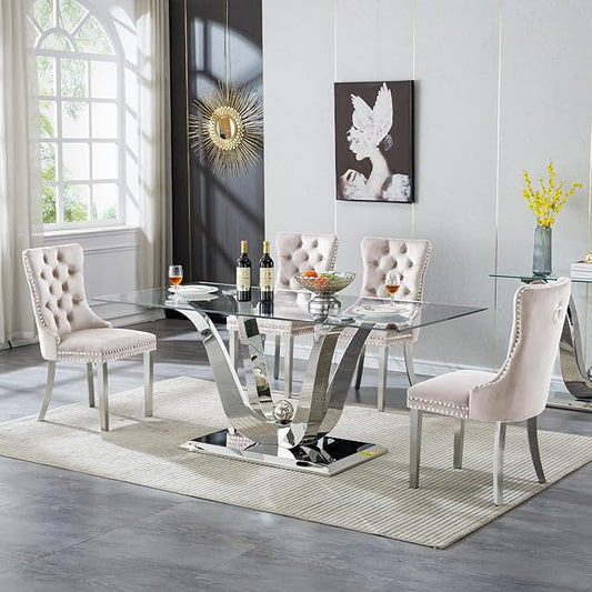 70" Modern Silver Glass Dining Table Set for 4, 5-Piece Rectangle Kitchen Dining Room Table Set with Steel Base & 4 Beige Velvet Upholstered Chairs, Modern Glass Kitchen Table and Chairs Set of 4