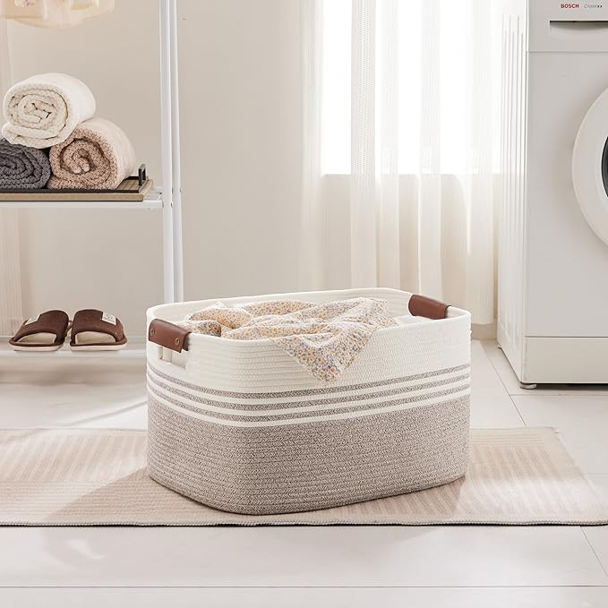 Laundry basket with leather handles for clothes,blankets,pillows,toys,towels,suitable for bedrooms,living rooms,cotton woven laundry hamper,extra large gift basket,(21"x15"x11",Beige Brown)