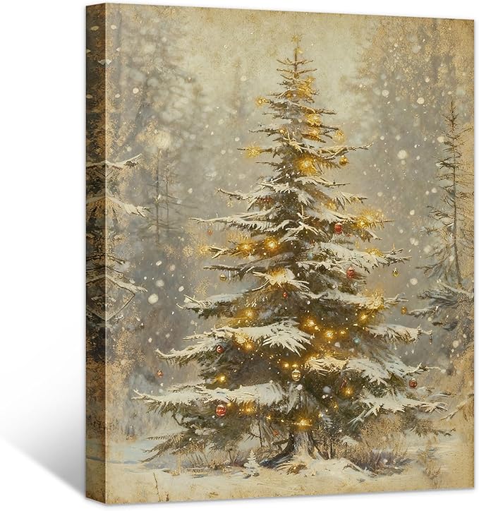 Framed Christmas Pictures Wall Decor,Vintage Pine Tree Prints,Winter Christmas Canvas Wall Art Decoration for Bedroom Bathroom Living Room Rustic Xmas Holiday Gifts (Christmas Tree 2, 20'' X 32'')