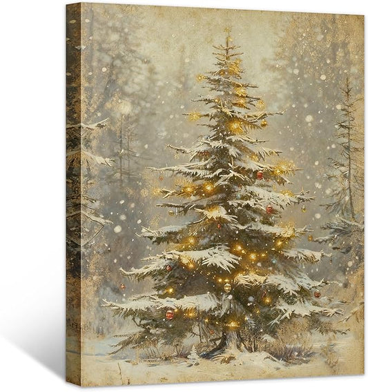 Framed Christmas Pictures Wall Decor,Vintage Pine Tree Prints,Winter Christmas Canvas Wall Art Decoration for Bedroom Bathroom Living Room Rustic Xmas Holiday Gifts (Christmas Tree 2, 12'' X 16'')