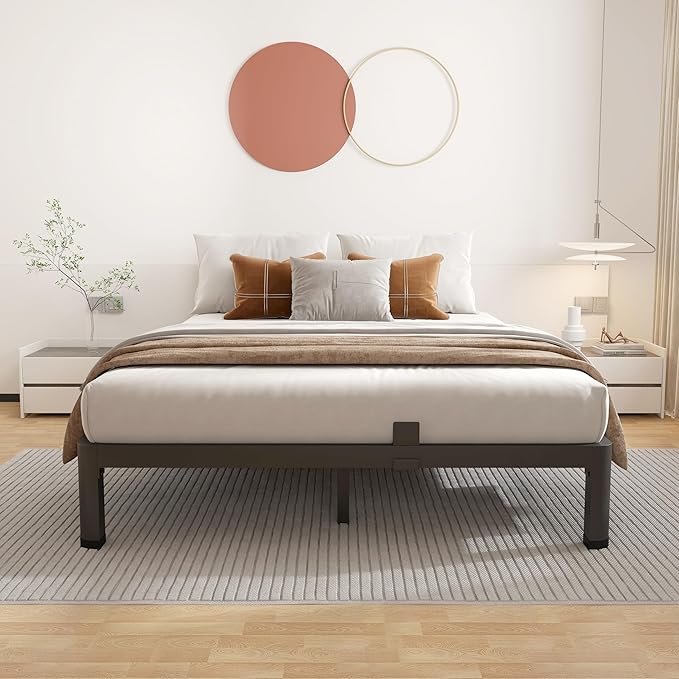 ROIL 10 Inch Queen Bed Frame with Rounded Corner Low Profile Metal Platform 3500LBS Heavy Duty Steel Slats No Box Spring Needed Noise-Free Easy Assembly