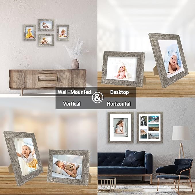 5x7 Picture Frame Set of 4, High Definition Glass Distressed Moss Green Frame, 5 x 7 Photo Frames for Tabletop Display and Wall Mounting