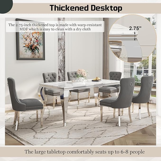 7-Piece Dining Table Set for 6, Faux Marble Dining Table Set with 70'' Marble Dinner Table and 6 Velvet Wing Back Chairs for Kitchen, Dining Room, Gray & Silver