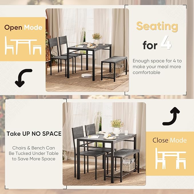 Shahoo Kitchen Table and 2 Chairs for 4 with Bench, 4 Piece Dining Sets for Small Space, Dark Grey