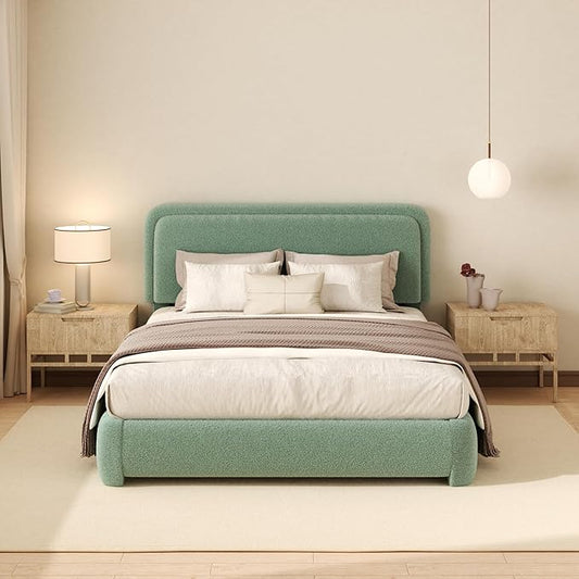 Queen Boucle Platform Bed Frame with Height Adjustable Headboard, Modern Upholstered Cloud Bed, Sleek Curved Design, No Box Spring Needed, Easy Assembly, Noise Free, Green