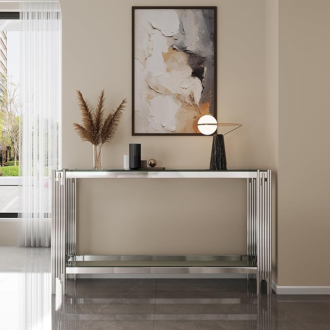 Goujxcy Modern Glass Console Table 55" Silver Entryway Table with Tempered Glass Top and Mirror Stainless Steel Legs,Luxury Rectangular Sofa Table for Living Room Hallway Corridor Table (Silver)