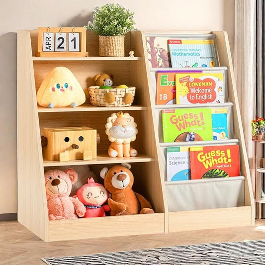 4 Tier Kids Wooden Bookshelf Baby Toddler Bookshelf and Toy Storage Organizer with Four Layer Sling Bookcase for Kids Room Playroom Nursery Classroom