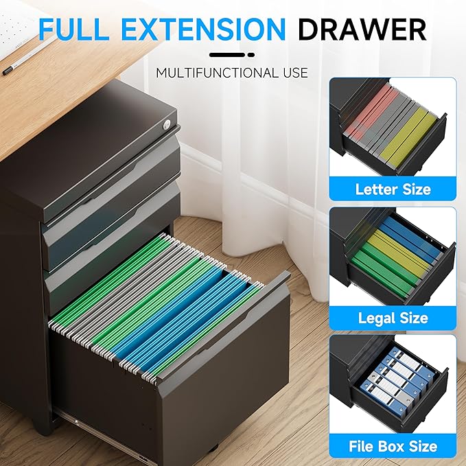 3 Drawer File Cabinet on Wheels, Mobile File Cabinet with Lock for Letter/Legal/A4 File, Metal Rolling File Cabinets for Home Office (Black)