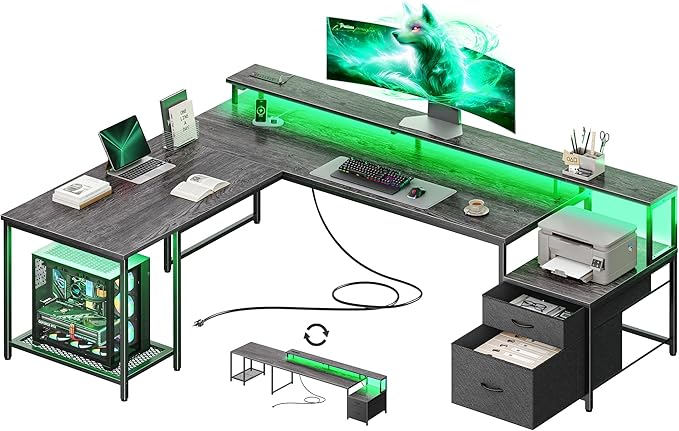 PRAISUN 66 Inch L Shaped Computer Desk with Power Outlets and LED Lights, Home Office Desk with Fabric Drawers and Print Stand, L Shape or Long Set up, Monitor Stand, Mesh CPU Stand, Grey