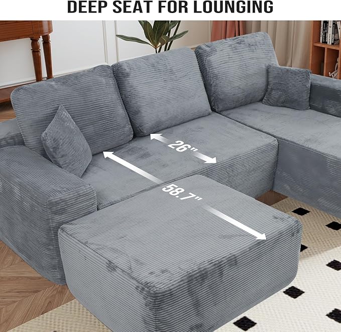 Rovibek 108” Modular Sectional Sofa with Chaise, Boneless Couches for Living Room with Deep Seat & Throw Pillow, Comfy Corduroy Fabric U Shaped Couch, No Assembly Required, Grey