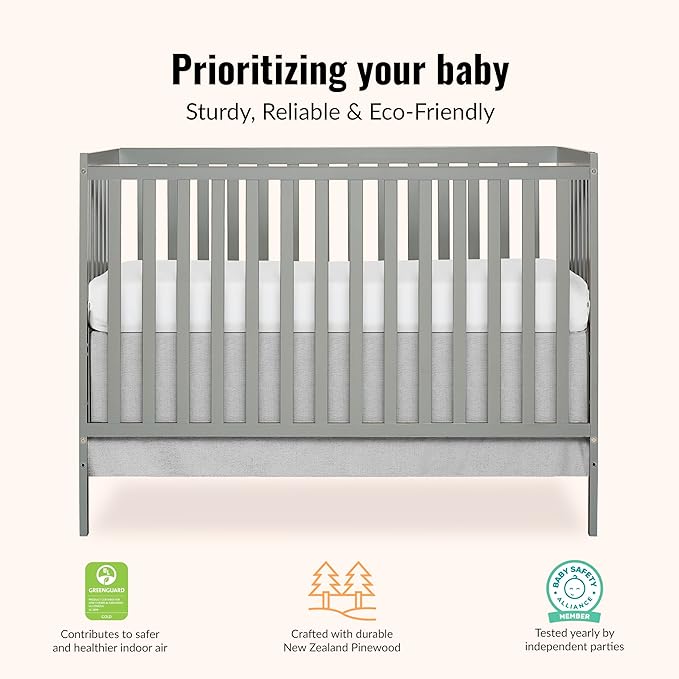 Dream On Me Synergy 5-in-1 Convertible Full-Size Baby Crib with Toddler, Day & Full Bed Conversion in Cool Grey, GreenGuard Gold & JPMA, 3 Mattress Heights, Sustainable Pinewood