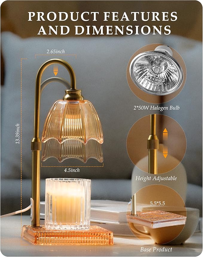 Candle Warmer Lamp with Timer, Dimmer & Adjustable Height, 20MM Crystal Base, 2 Blubs, Fit Jar Scented Candles, Safe Aromatherapy Light for Sleep, Work, Yoga, Bedroom, Office, Gift for Women