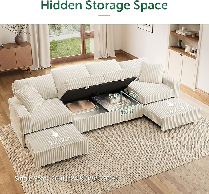 HONBAY Modular Sectional Sofa, L Shaped U Shaped Pull Out Couch with Storage, Velvet White
