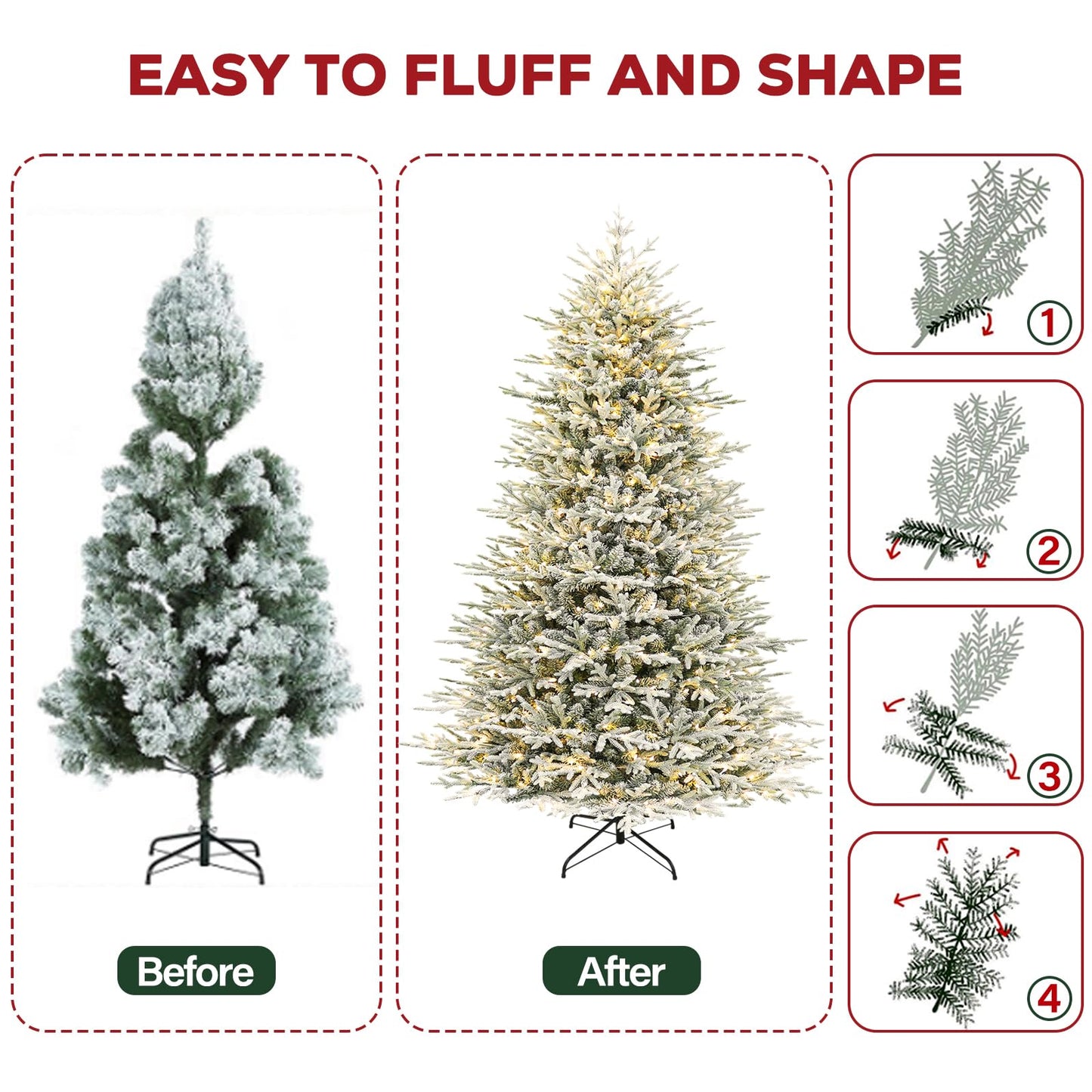 Hykolity 7.5 ft Prelit Snow Flocked Christmas Tree, 2933 PE&PVC Realistic Branch Tips, Artificial Twinkling Christmas Tree with 450 Warm White LED Lights, Metal Stand and Hinged Branches