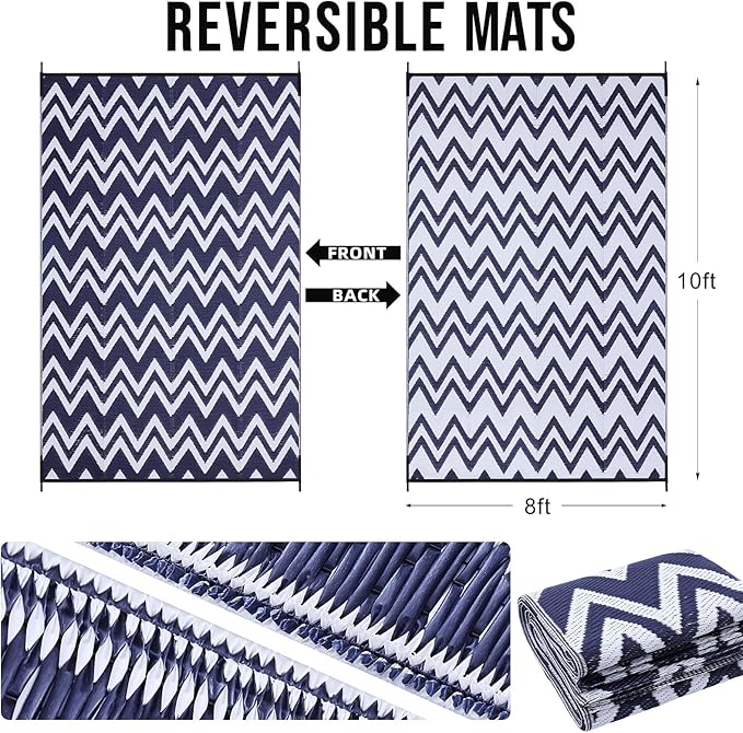 OLANLY Waterproof Outdoor Rug 8x10 ft Clearance, Reversible Outdoor Plastic Straw Rug, RV Mat, Indoor Outdoor Carpet for Patio, Camping, Balcony, Deck, Backyard, Navy & White