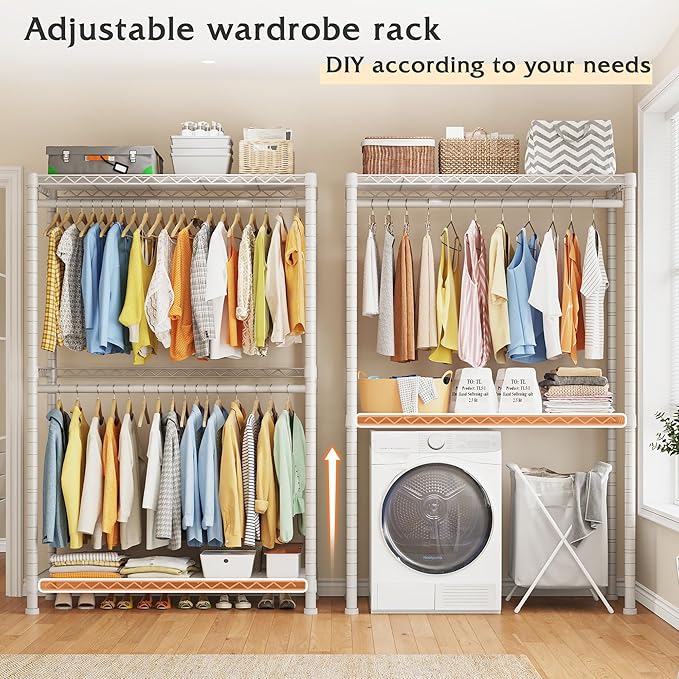 Raybee Rolling Garment Rack with Wheels Portable Clothes Rack for Hanging Clothes,Adjustable,2 Shelves,79" H X35.5 W X15.7 D, White
