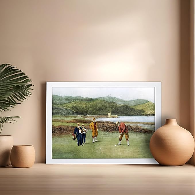 Poster Master Golf Course Print - The Putting Green Painting Poster - Golf & River Art - Landscape Wall Design - Sports Art - Great Office or Living Room Wall Decor - 16x20 White Framed